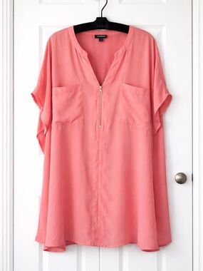 Torrid Coral Zip Front Blouse Size 5 Flowy Poncho Sleeve Plus